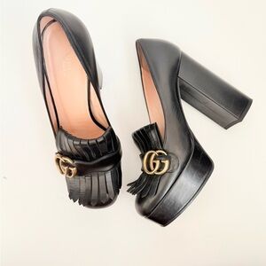 Gucci Black Leather Marmot GG Platform Platino Fringe Logo Block Heel pumps 39.5